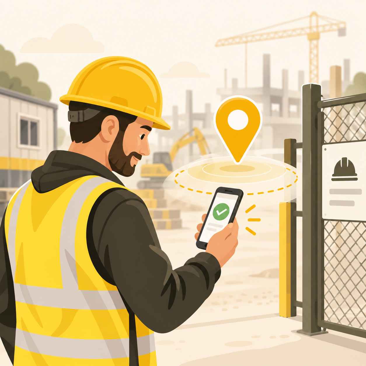 Construction worker using GPS geofenced attendance check-in on a job site