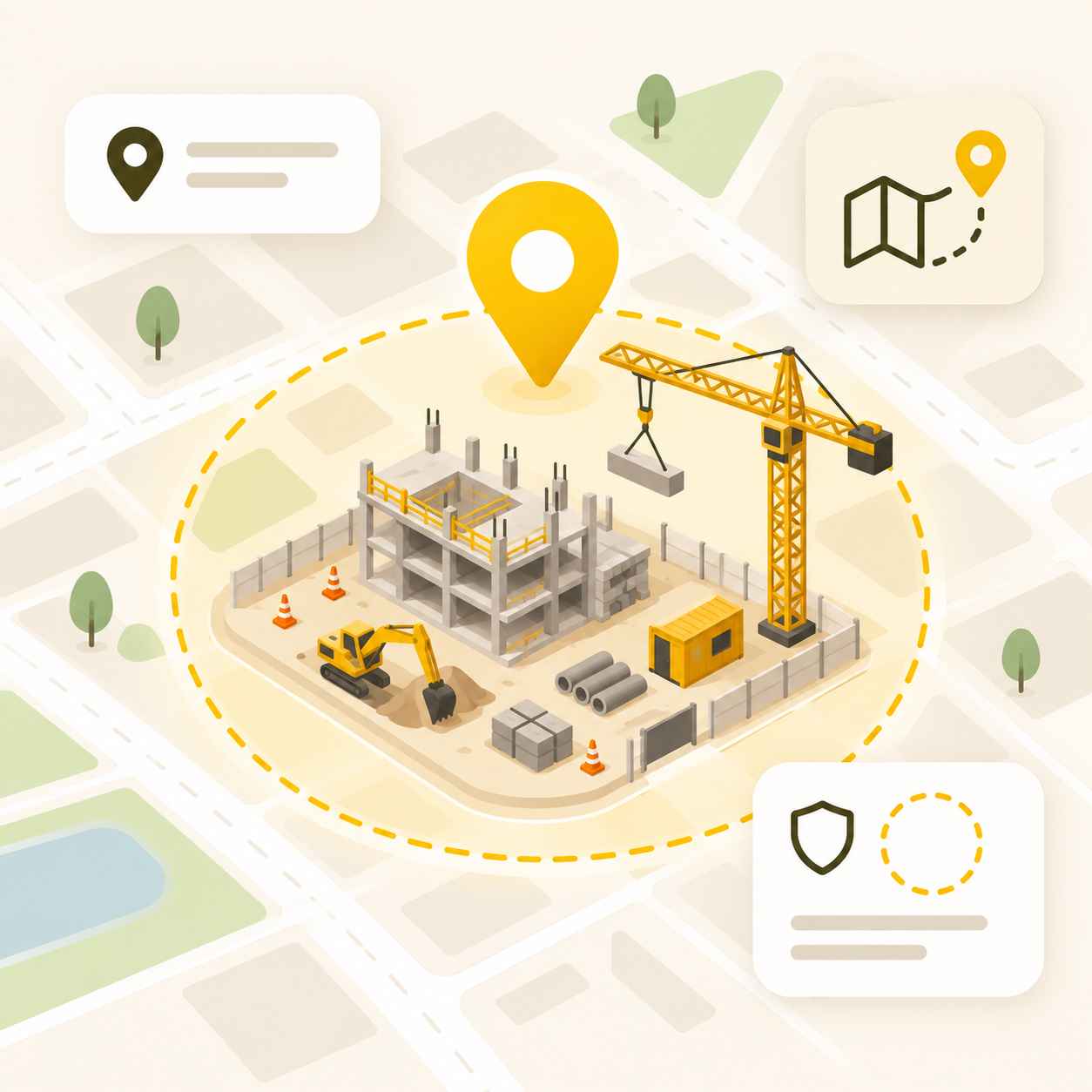 Construction site management with map location and geofence