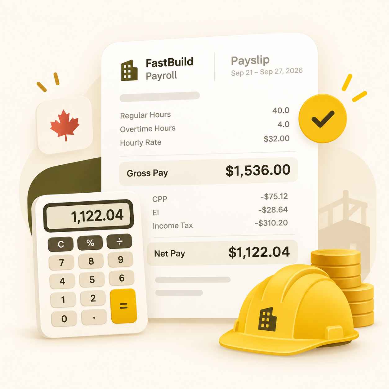 Canadian construction payroll and payslip calculation