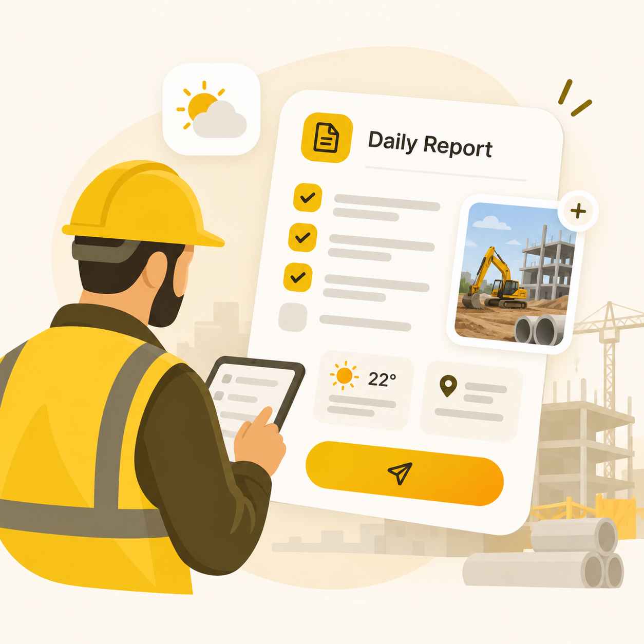 Construction worker completing a daily job site report