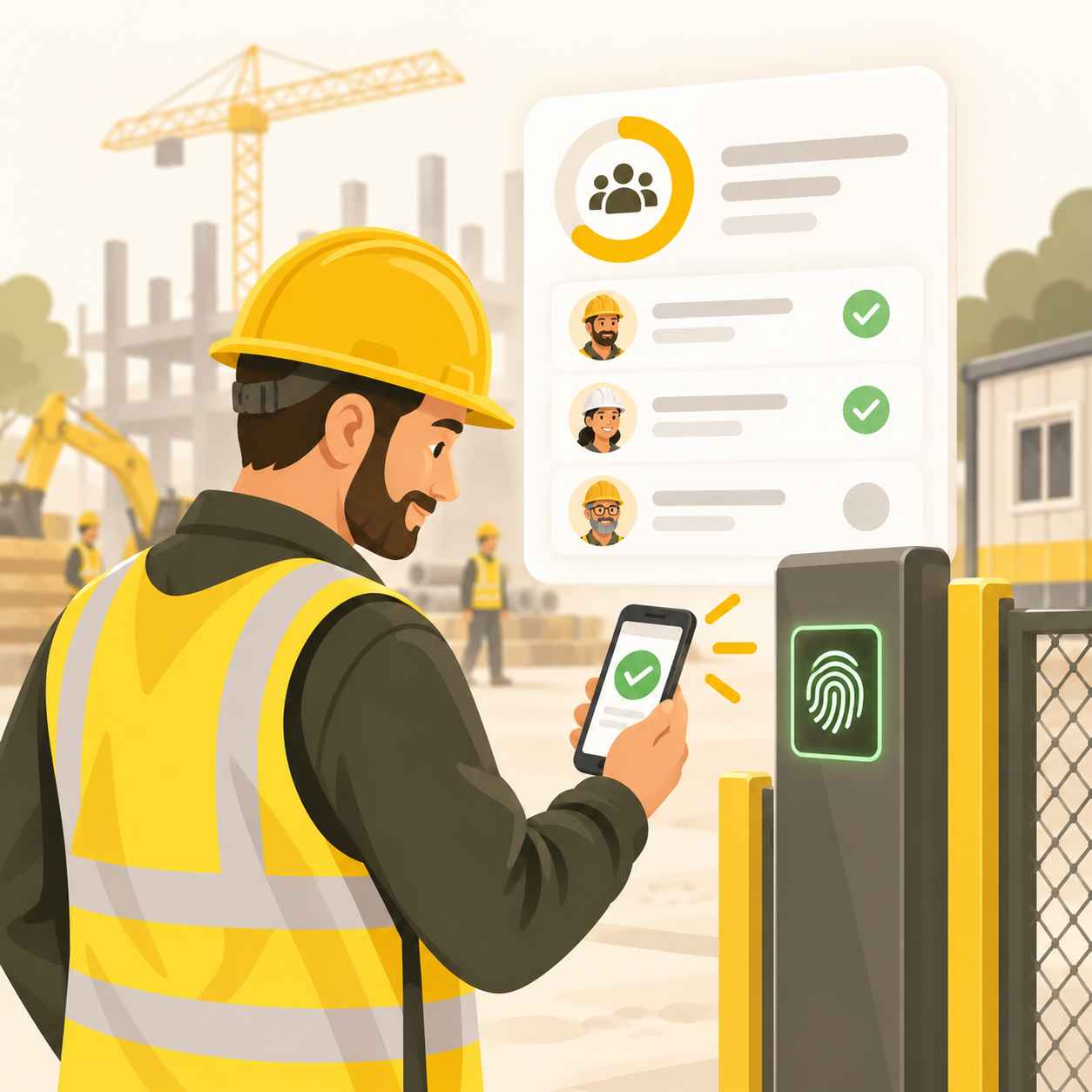 Construction worker using a digital attendance dashboard for check-in and check-out