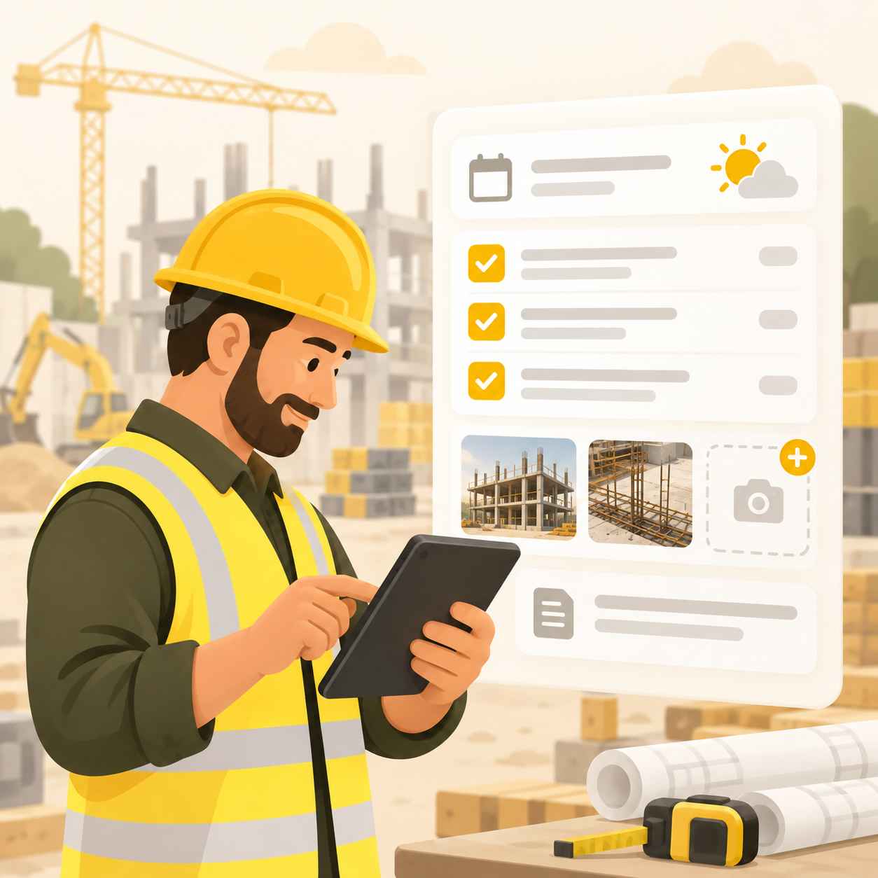 Construction foreman reviewing a daily site report