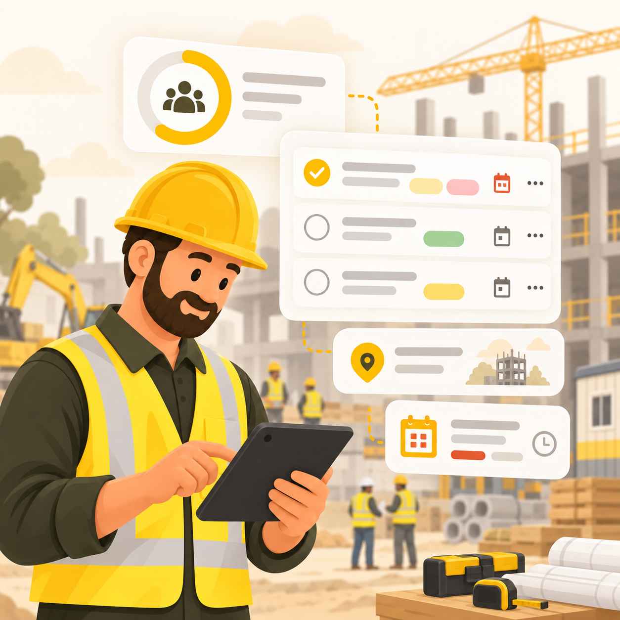Construction manager reviewing tasks and jobsite workflow