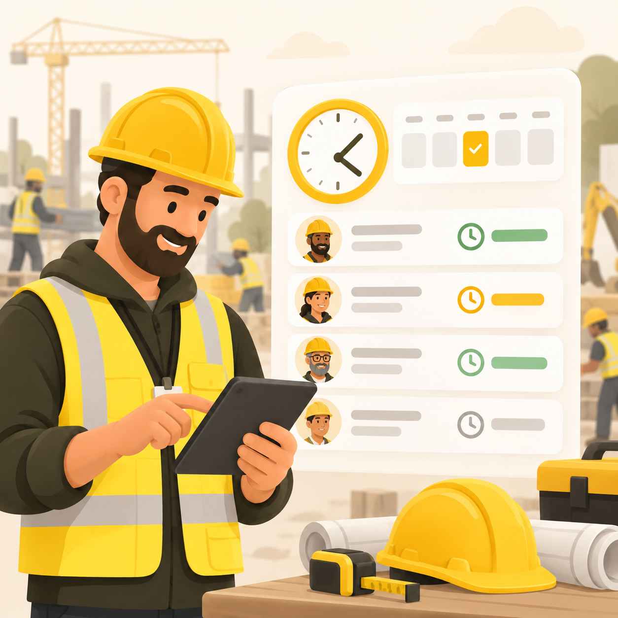 Construction time tracking dashboard for worker hours and attendance